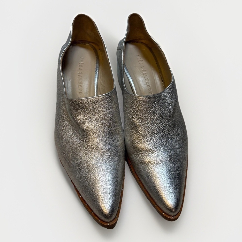 FREDA SALVADOR Leather Mule Silver Metallic Pointed Toe Slip On Shoe Heel Sz9